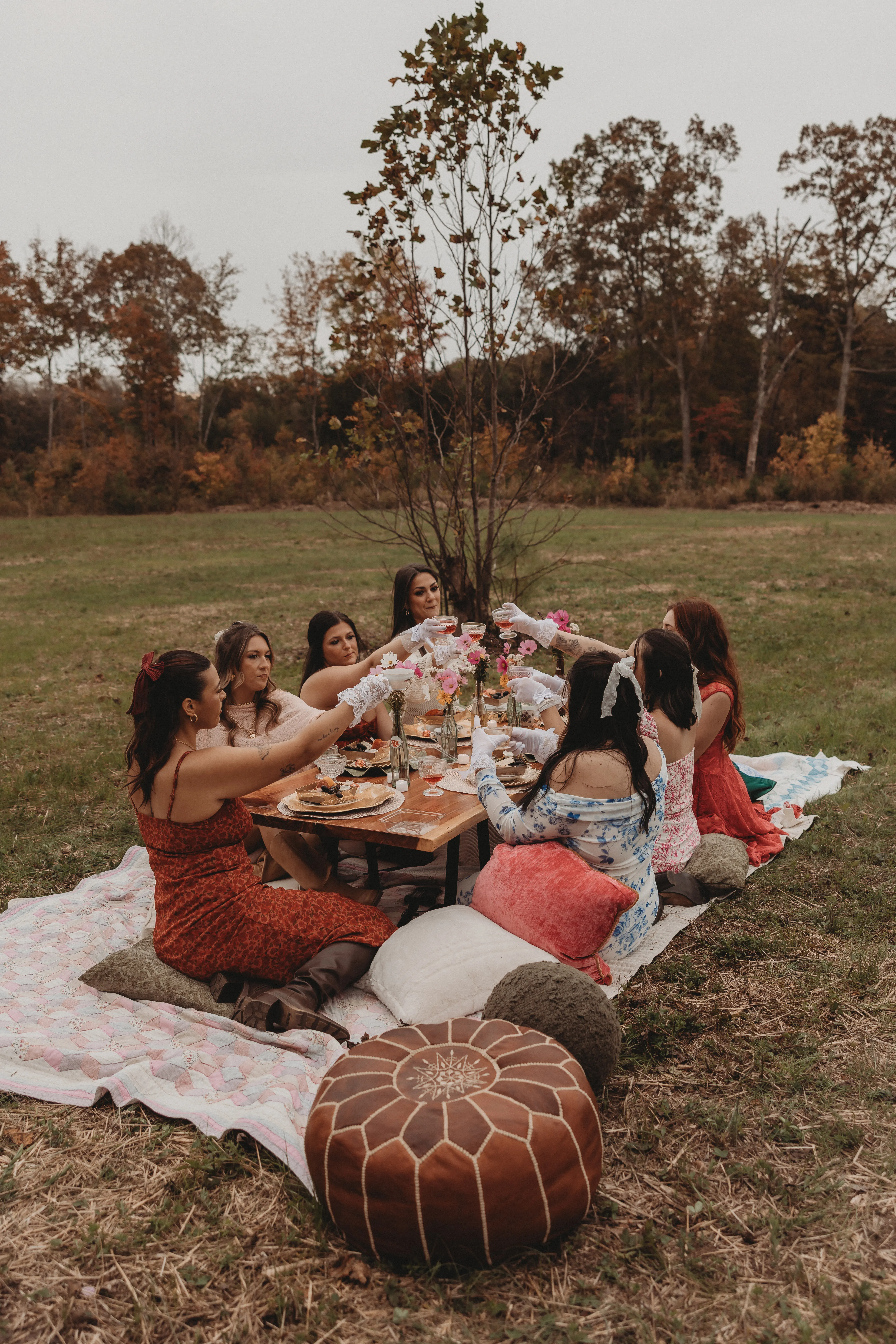 Women raising glasses in a toast at a picnic on Magnolia Hill